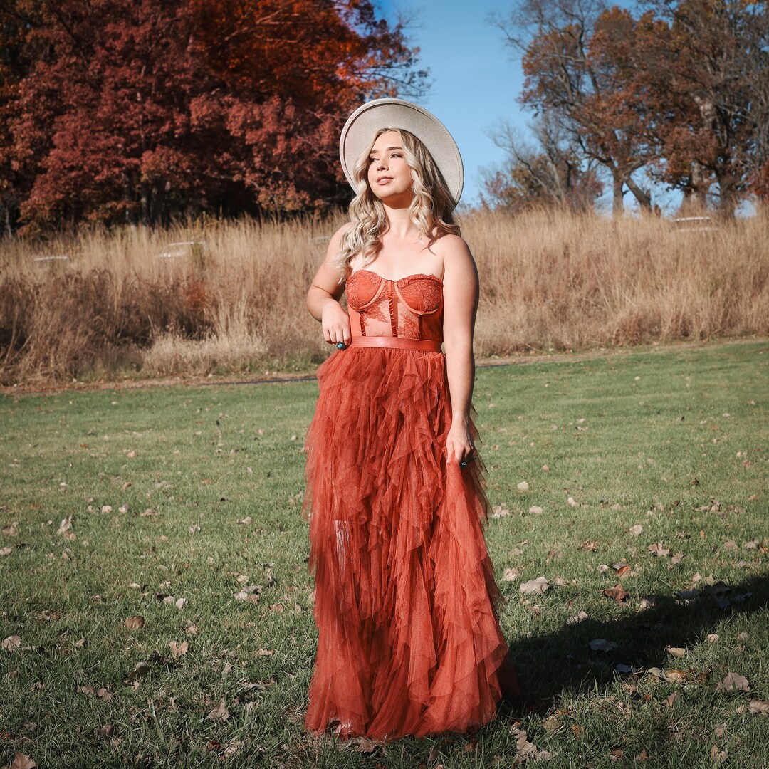 Brimstone Bustier Maxi Split Dress Rust Tiered Corset Gown Western