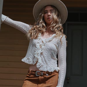 Celia Antique White Top Country Ruffle Front Blouse Self Tie Long Sleeve White Statement Cowgirl Folk Prairie Top Boho Cottagecore Top