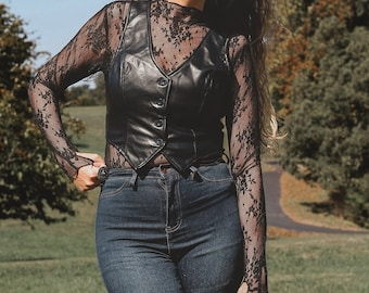 Black Dahlia Lace Top Boho Sheer Long Sleeve Vest Layering Top 