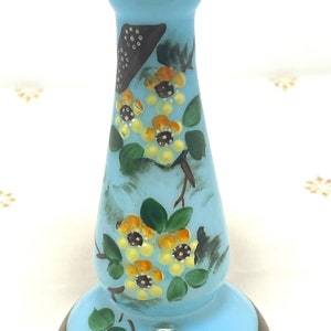 Antique Hand blown Bristol Glass Vase Hand Painted Ruffle Top Blue Opaline