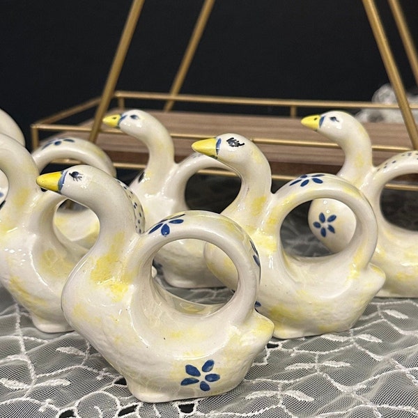 Vintage Set Of 6 Blue And White Geese Farmhouse Napkin Rings