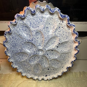 Vintage Large Egg Plate Speckled Blue And White