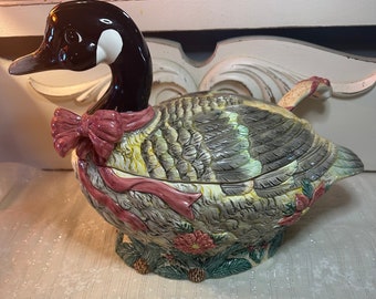 Vintage Christmas Goose with Red Bow and Poinsettia Tureen with Ladle