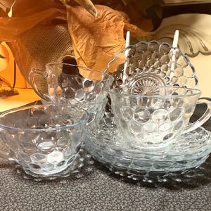 Vintage Anchor Hocking Blue Sapphire Bubble Glass Cups And Saucers