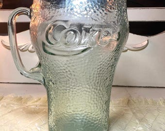 Vintage Coca-Cola Coke Pebbled Green Duraglass Large Glass Pitcher 9.25” High