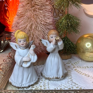 Vintage Pair Of Ceramic Musical Christmas Angels