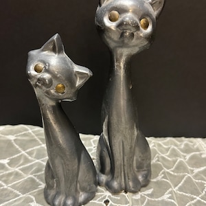 Vintage MCM Penco Long Neck Cat Figurines Pewter Brass Mom Kitty And Kitten