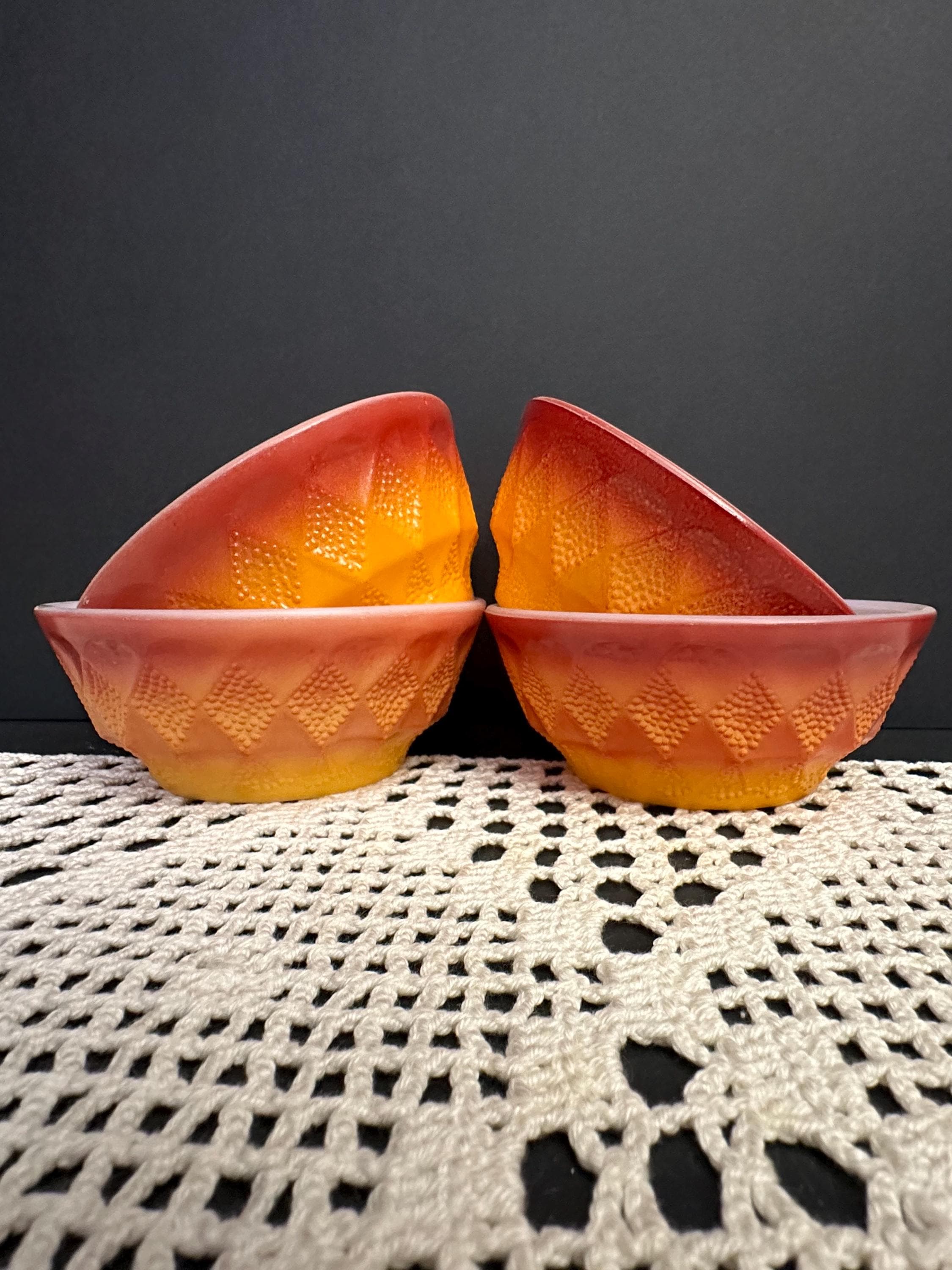 Vintage FIRE KING Bowls~anchor Hocking Kimberly Diamond Red Orange