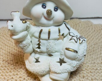 Holiday Snowman Candle Holder white  w/ Gold Style tea light