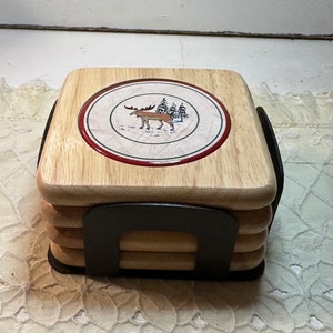 Vintage Northwoods Collection Set Of 4 Coasters Wooden With Metal Holder