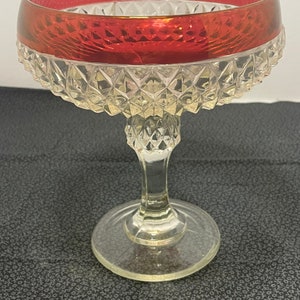 Vtg Indiana Glass Compote with Diamond Point Pattern and Ruby Red Rim