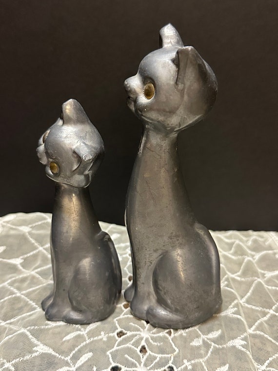 Vintage MCM Penco Long Neck Cat Figurines Pewter Brass Mom