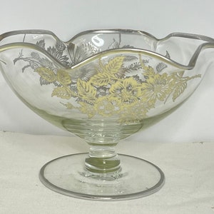 Vintage Silver City Glass Pedestal Bowl Fluted Edge Flanders Wildflower  Overlay
