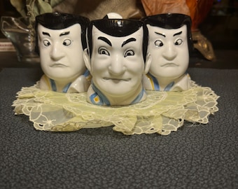 Lot of 3 VTG Sigma Tastesetter Kabuki Ceramic Head Mug Cups Hand Decorated 4”
