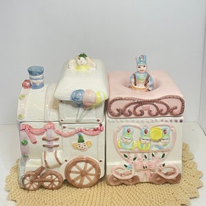 Vintage Rare Primark Ceramic Pastel Circus Train Canisters READ & See Photos