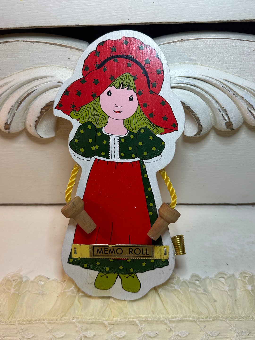 Vintage 1970s Memo Roll Holder Little Girl With Paper Cutter&pen