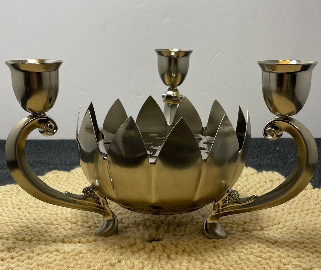 Vintage Silver Plate Centerpiece Lotus Flower Bowl 3 Candlestick Holder