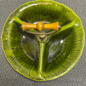 Mid Century Modern Lane Co Green Divided Serving Dish With Wooden Handle