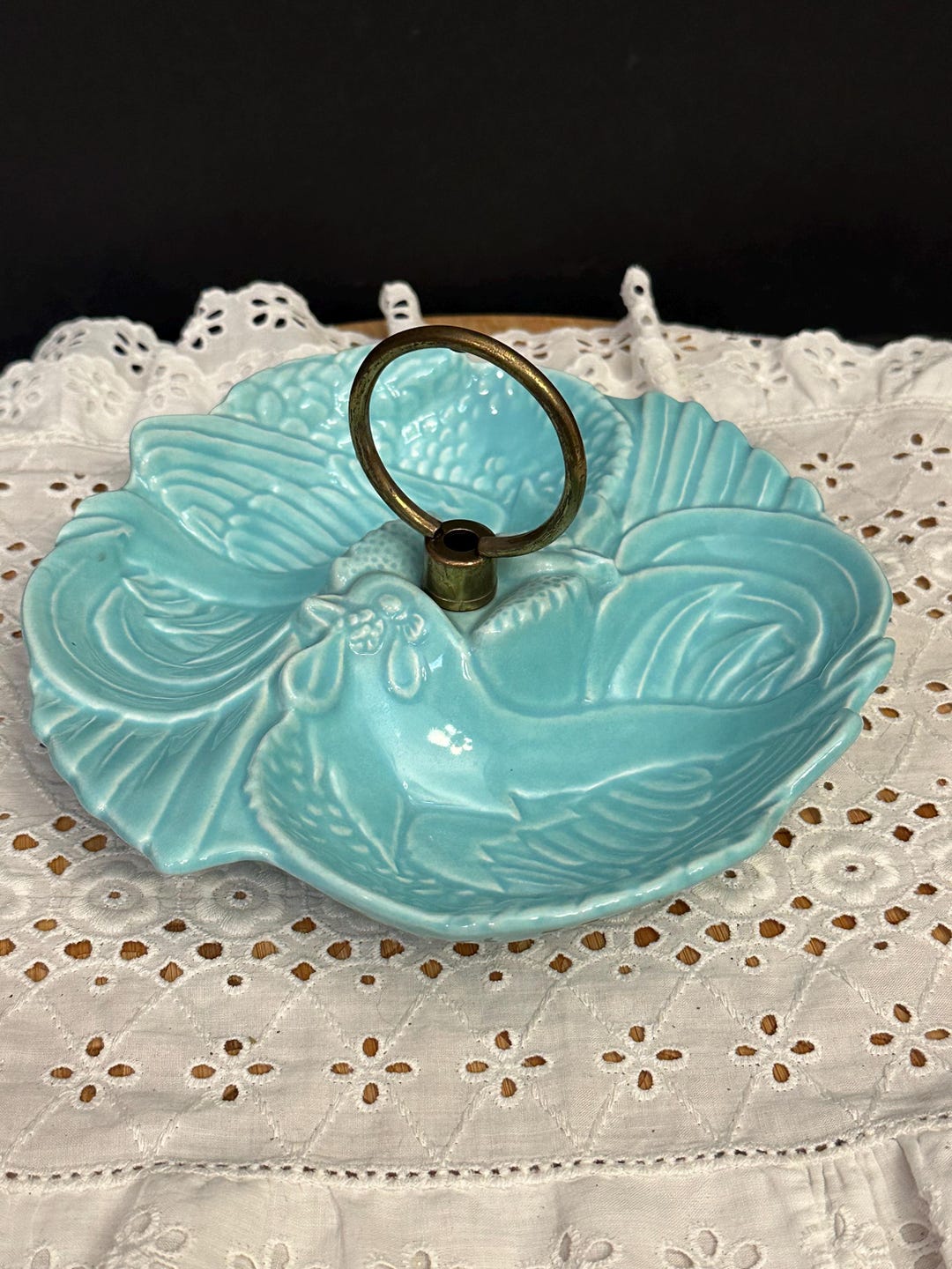 Vintage MCM Ball-jae of California Pottery Turquoise Caddy Bird