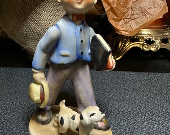 Vintage LEFTON Figurine Off To School Boy w/Books Dalmatian Dog 1110 Porcelain