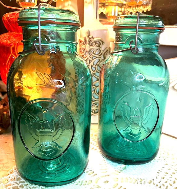 Vintage Aqua Blue Ball Ideal Mason Jar Quart 1976 Reproduction 1876 Set of 2