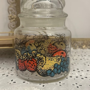 Vintage Anchor Hocking Glass Canister Jar Fruit And Berries