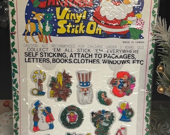 Pegatinas navideñas vintage NOS de vinilo acolchado: Papá Noel, muñeco de nieve, detalles brillantes, hoja de pegatinas retro de los 80