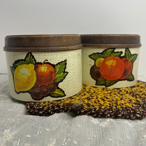 Vintage Fruit Harvest Cheinco Tin Canister Set of 2 Molded Fruit Plastic Lids.