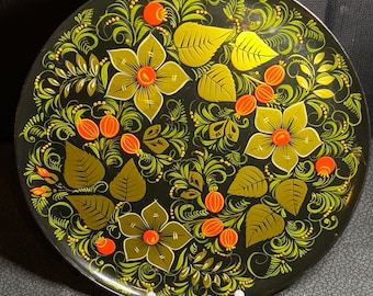 Plateau Métal Vintage Peint Main - Motif Floral Zhostovo - Russe 60/70s - Occasion