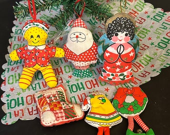 Vintage Lot Of 6 Fabric Stuffed Christmas Ornaments