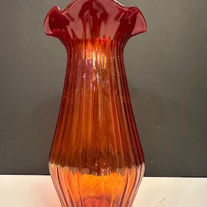 Vintage Amberina Ruffle Vase Ribbed Hand Blown Glass