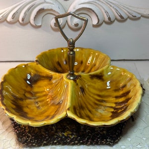 Vintage 1960s CaliforniaUSA  Ceramic Divided Dish with Handle Drip Glaze