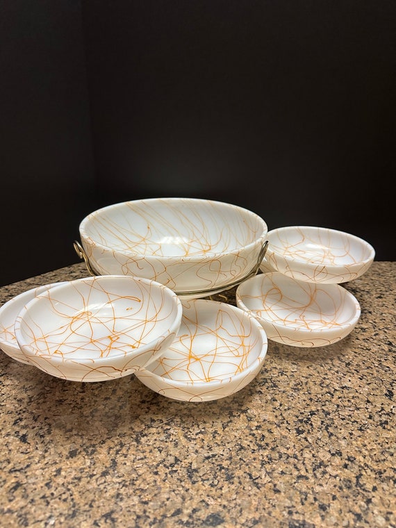 Vintage Hazel Atlas Butterscotch Drizzle Milk Glass Salad Bowl Set