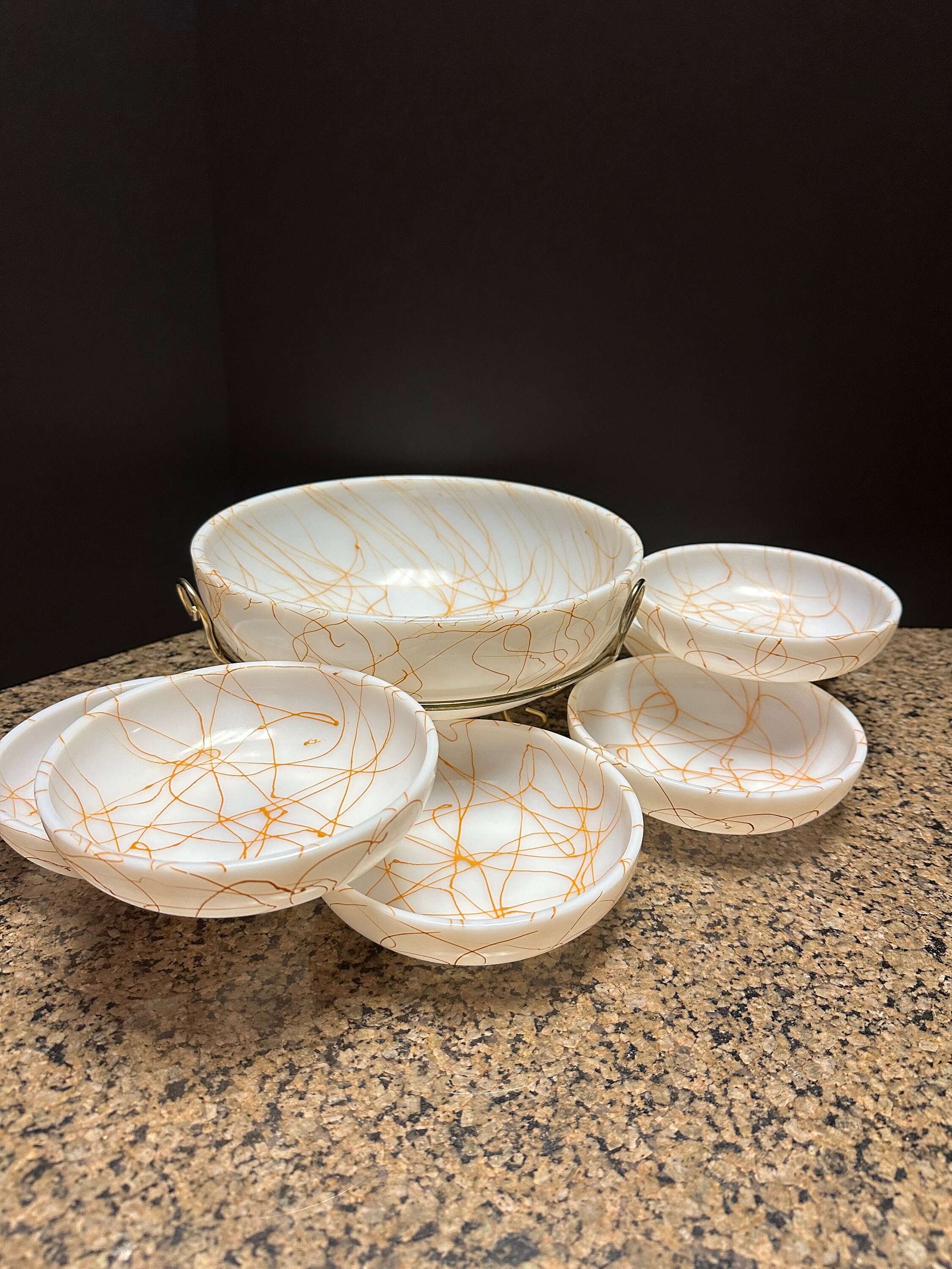Vintage Hazel Atlas Butterscotch Drizzle Milk Glass Salad Bowl Set