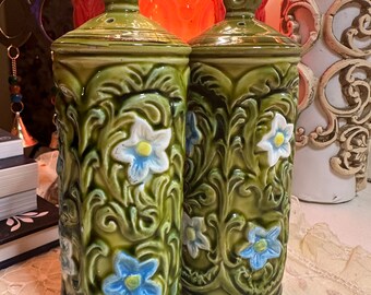 Ceramic Salt & Pepper Set Geo Z. Lefton Floral Green Japan