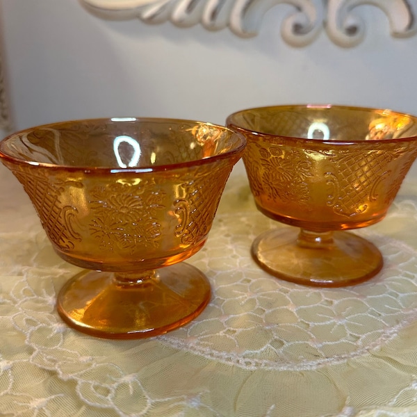 Vintage Federal Glass Normandie Footed  Sherbet Dishes Iridescent Marigold