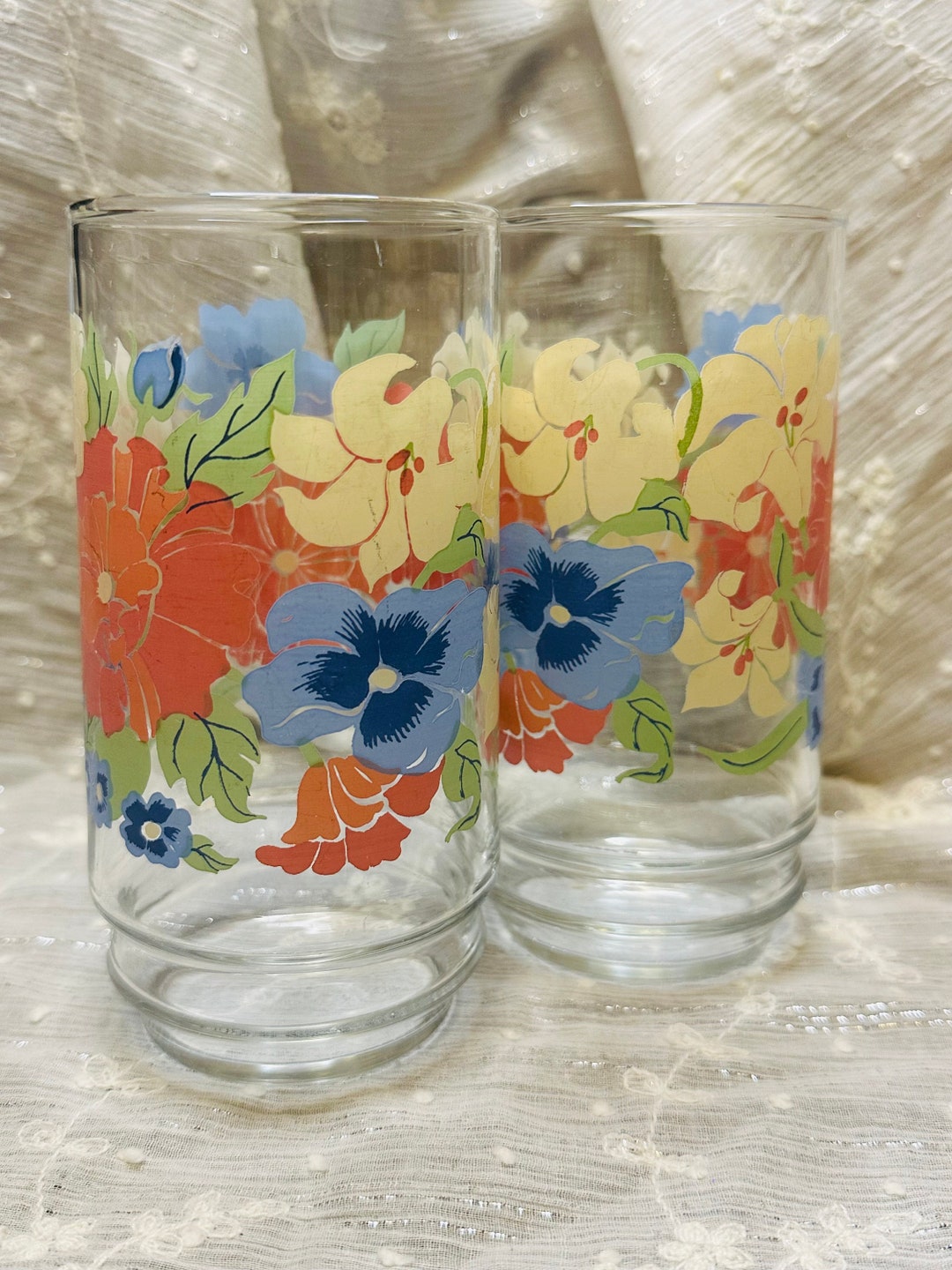 Vintage Pair of Flower Drinking Glasses Floral Etsy