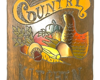 Vintage Country Kitchen Wooden Sign, Carved & Painted Wall Plaque, Retro.