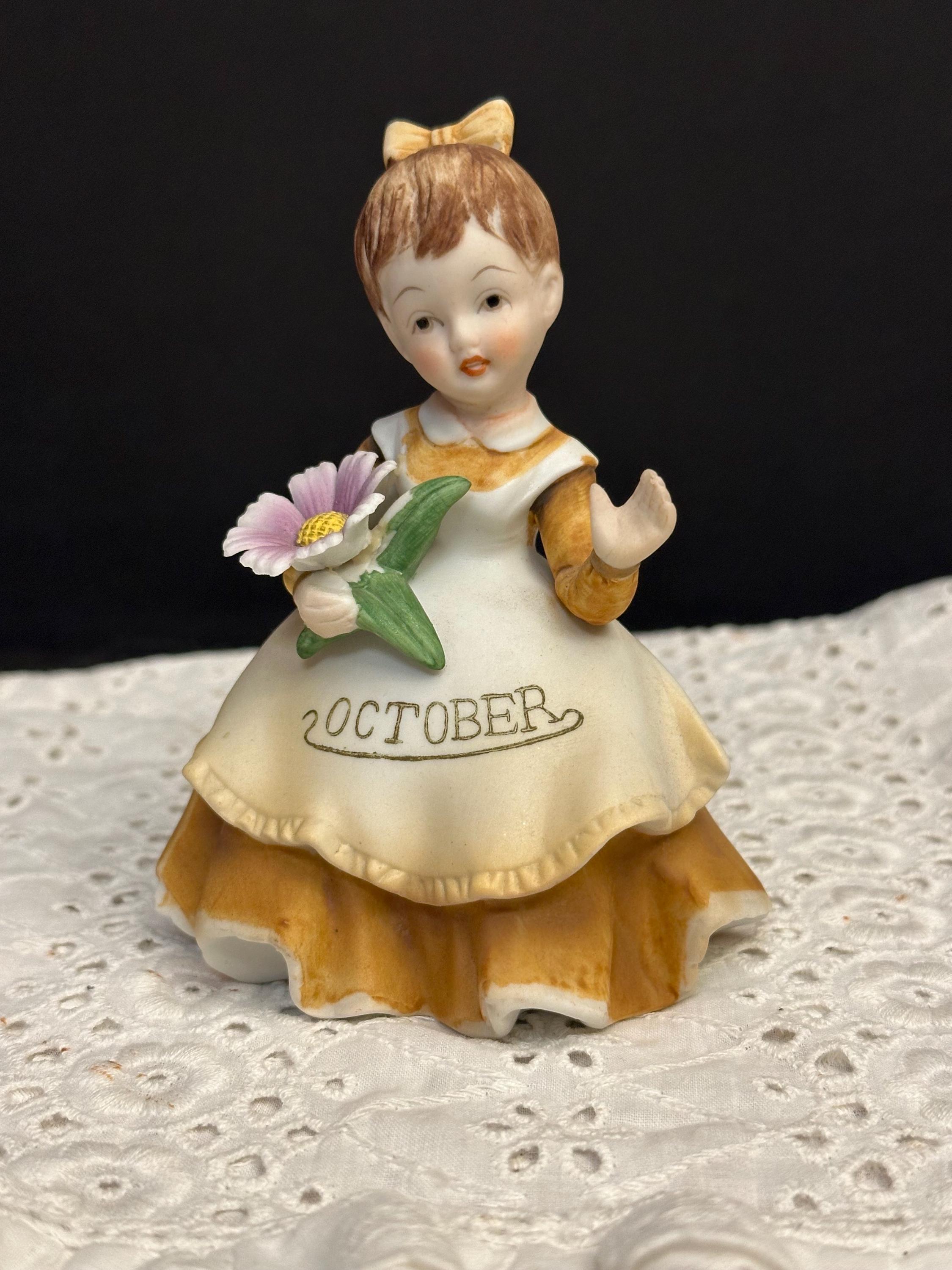 Vintage Lefton October KW4200 Girl Purple Flower Figurine Geo Z Lefton Japan