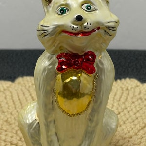 Cat Christmas Ornament White Kitten Mouth Blown Glass Vtg  Feliz Navidad 7”