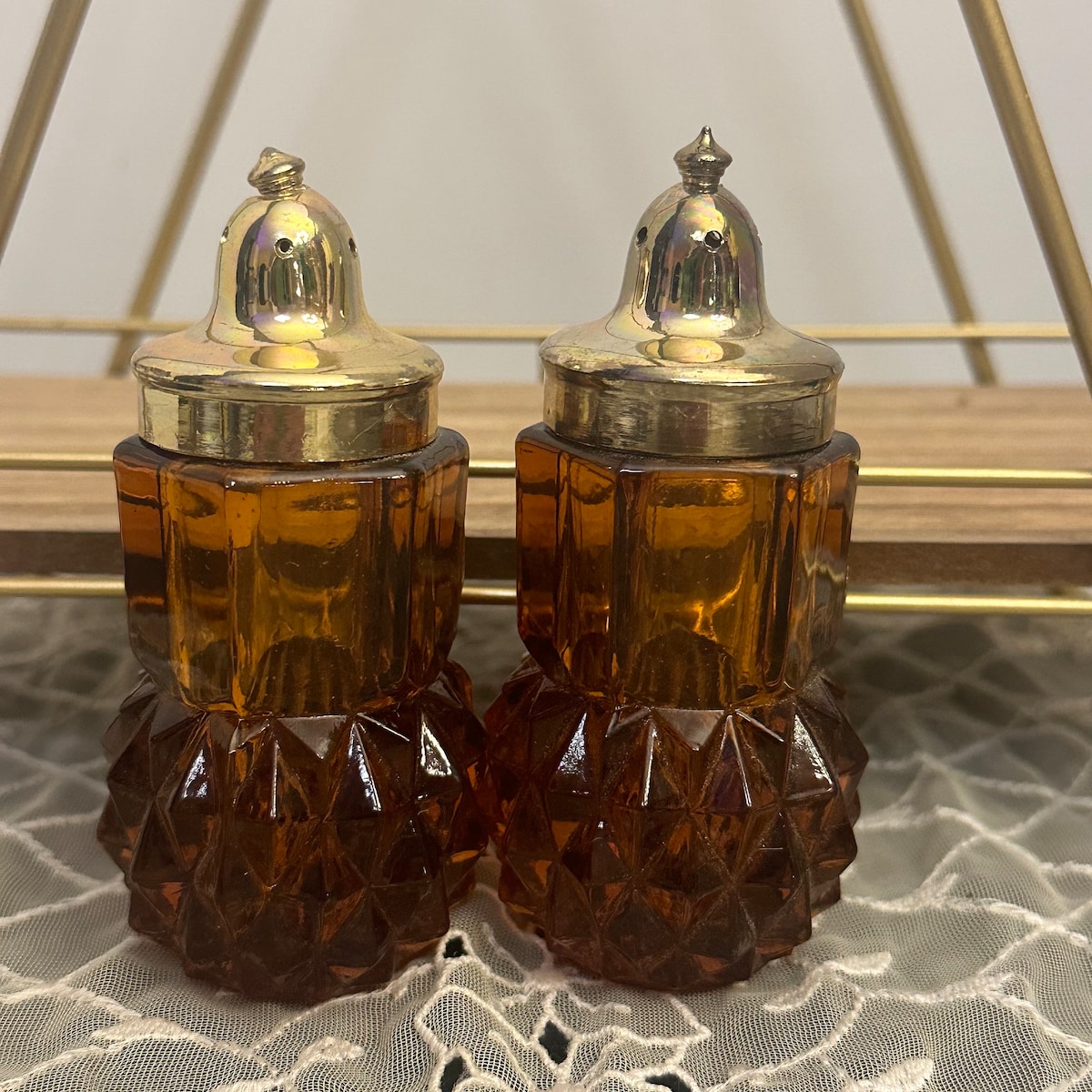 Vintage Amber Indiana Glass Diamond Point Salt and Pepper Shakers Set Retro MCM - Etsy