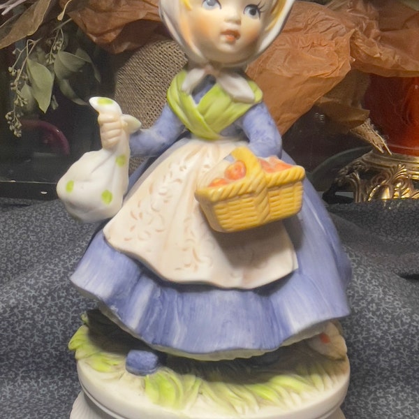 Vintage Berman & Anderson Blonde Girl With Basket Music Box Made In Japan