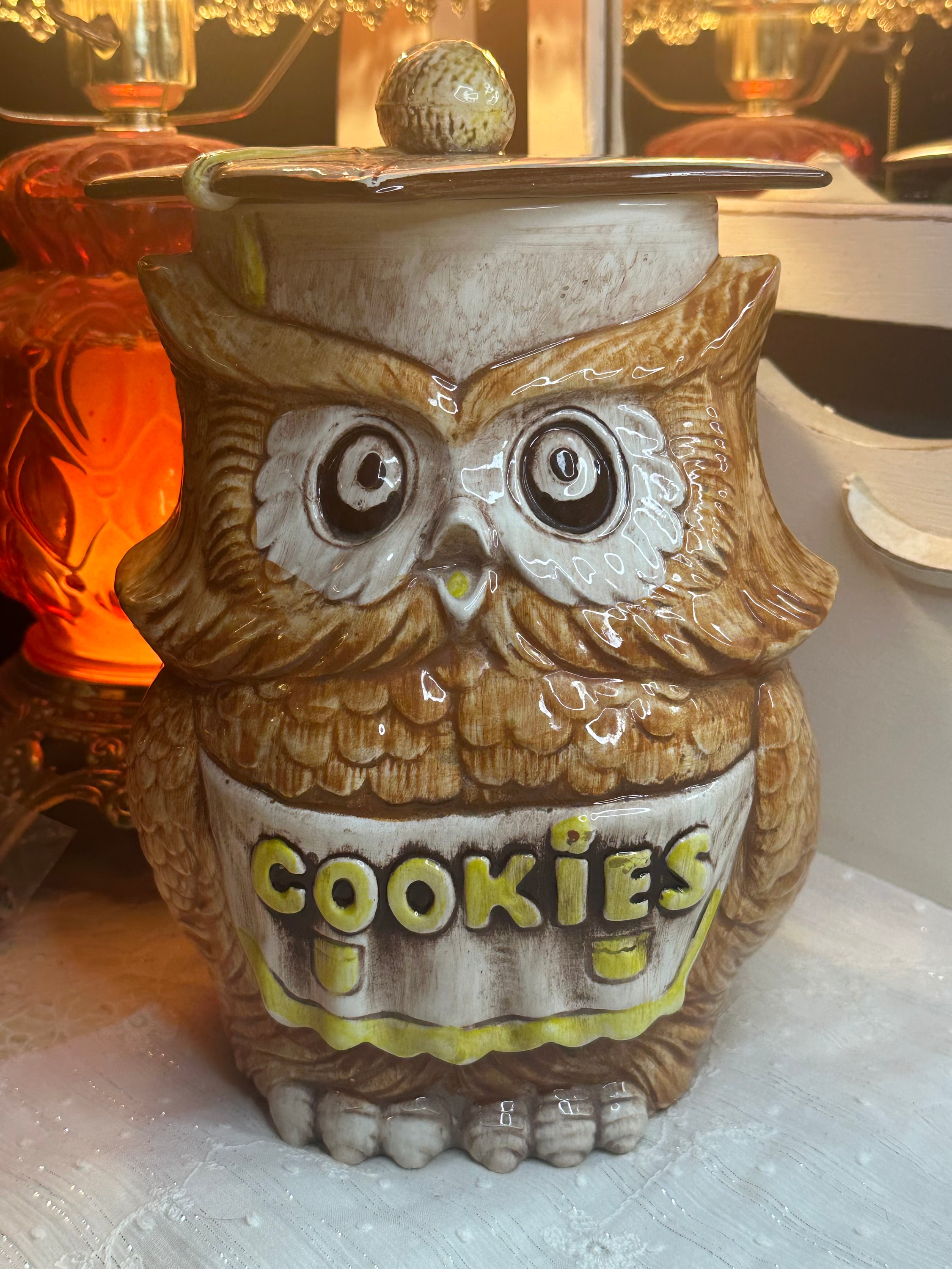 Vintage 1970s Retro Graduation OWL Rare Cookie Jar Treasure Craft