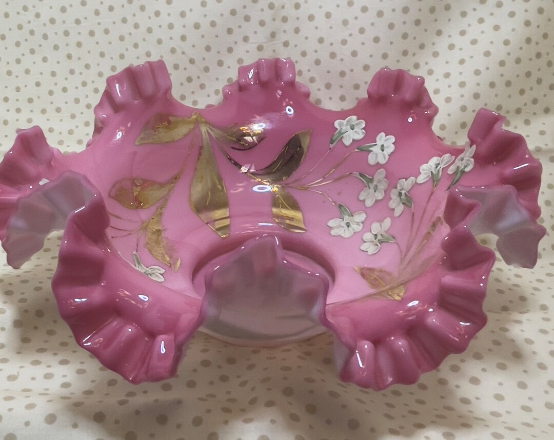 Antique Brides Basket Bowl Hand Painted Ruffled Pink Gold Etsy