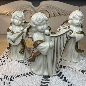 Vintage Set of 3 Porcelain Christmas Angels  Playing Instruments W/ Gold Accents