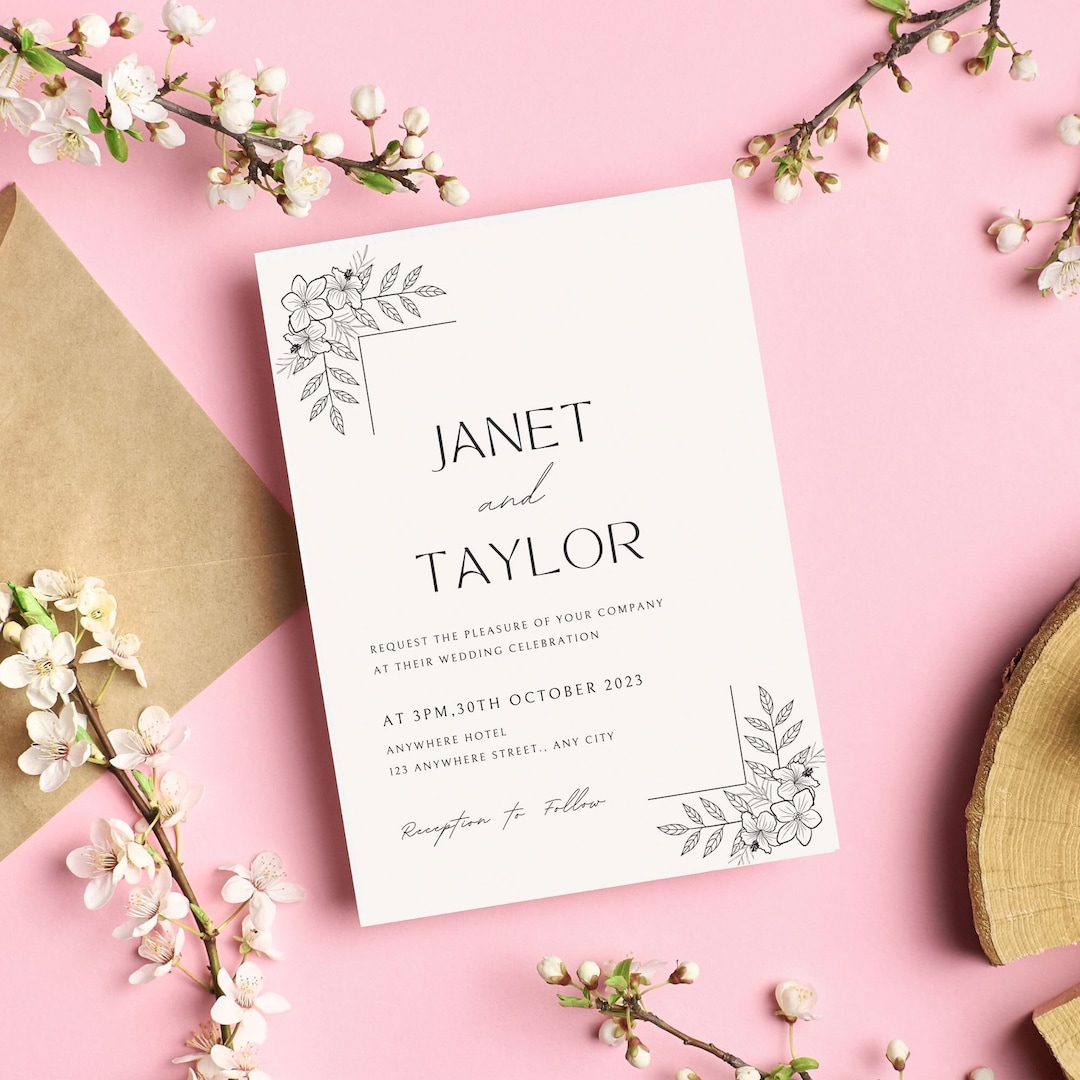 Minimalist Floral Border Wedding Invitation, Instant Download, Editable ...