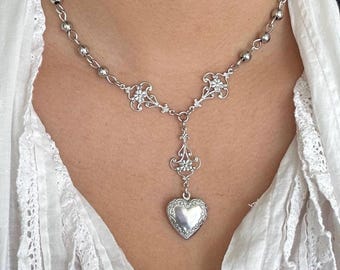 silver beaded mini heart locket necklace/ coquette y2k grunge goth, Victorian necklace ,gothic emo alt punk Renaissance dainty