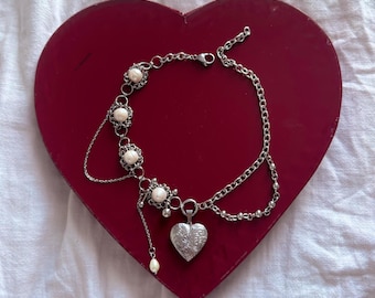 Engraved heart locket asymmetrical necklace- coquette y2k grunge emo alt gothic goth 2000s Victorian necklace Renaissance necklace