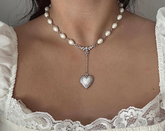 Pearl beaded mini heart locket necklace - coquette y2k grunge goth ,Victorian necklace,alt gothic streetwear Renaissance dainty