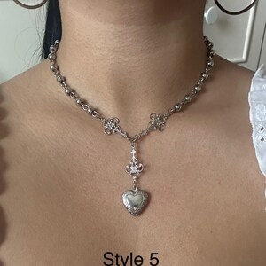 silver beaded mini heart locket necklace - coquette y2k grunge goth ,Victorian necklace,alt gothic streetwear Renaissance dainty style 5